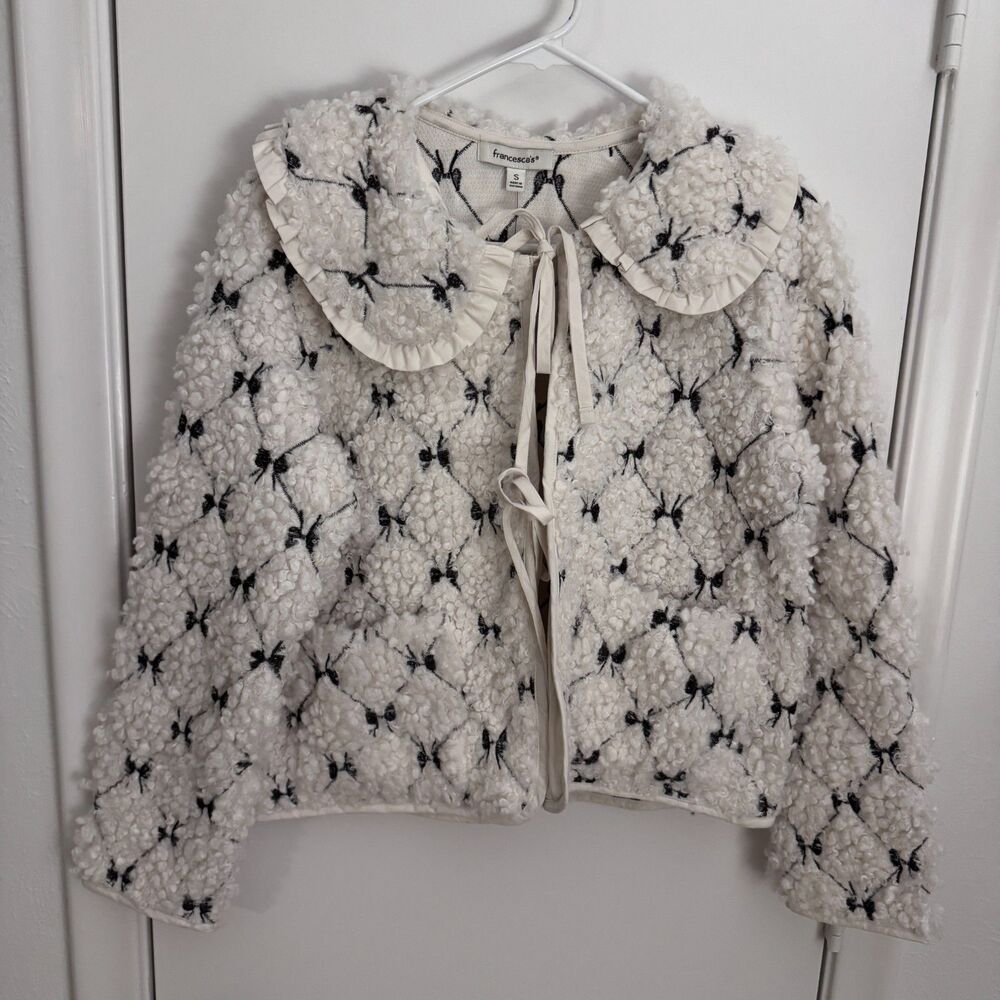 Womens NWT Small Sophia Bow Embroidered Teddy Jacket Cream/Dark Brown - Picture 3 of 6